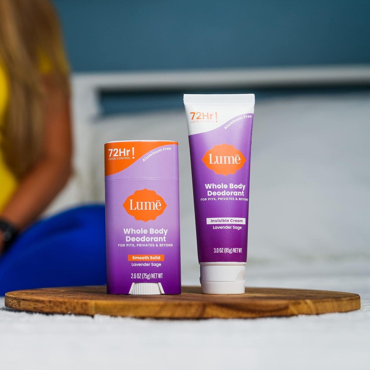 image:imageLume Whole Body Deodorant Invisible Cream 72 Hour Odor Control Aluminum Free Baking Soda Free Skin Safe 30 Ounce Tube and 26 Ounce Solid Stick Bundle Soft PowderLavender Sage
