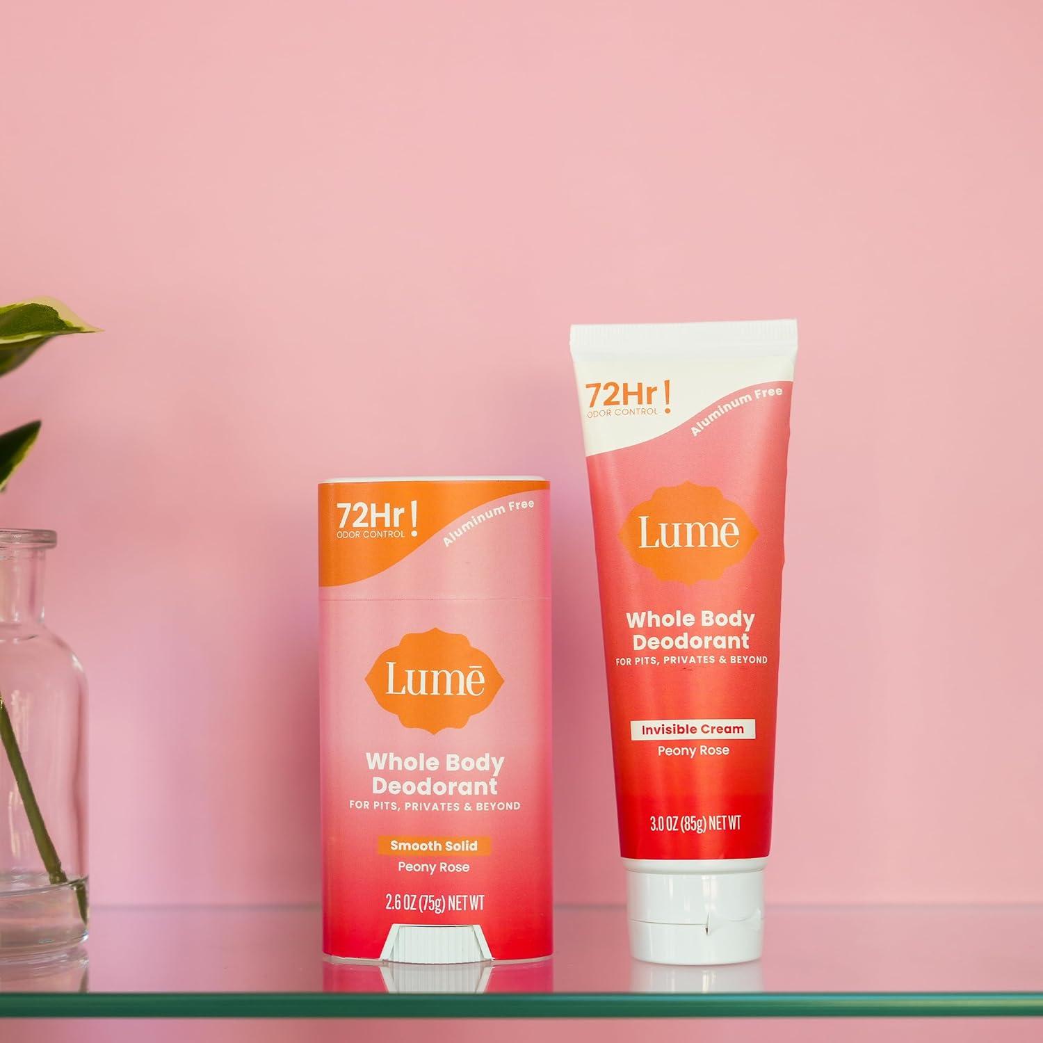 image:imageLume Whole Body Deodorant Invisible Cream 72 Hour Odor Control Aluminum Free Baking Soda Free Skin Safe 30 Ounce Tube and 26 Ounce Solid Stick Bundle Soft PowderPeony Rose