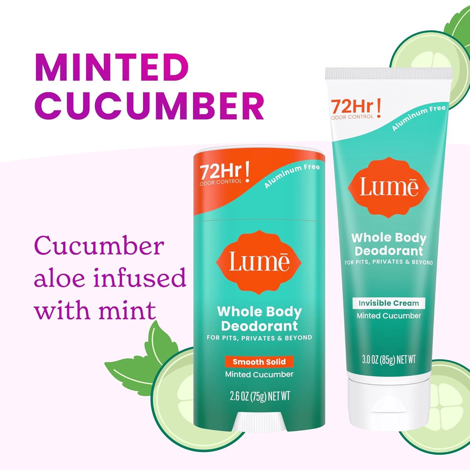 image:imageLume Whole Body Deodorant Invisible Cream 72 Hour Odor Control Aluminum Free Baking Soda Free Skin Safe 30 Ounce Tube and 26 Ounce Solid Stick Bundle Soft PowderMinted Cucumber