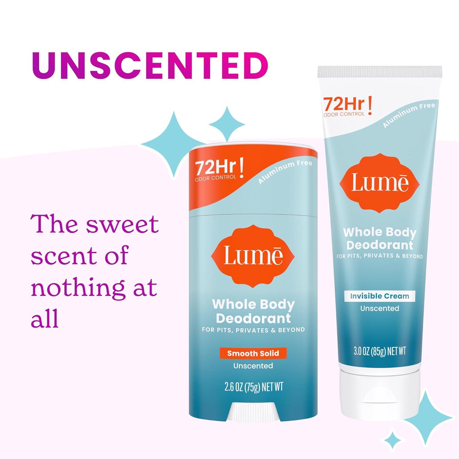 image:imageLume Whole Body Deodorant Invisible Cream 72 Hour Odor Control Aluminum Free Baking Soda Free Skin Safe 30 Ounce Tube and 26 Ounce Solid Stick Bundle Soft PowderUnscented