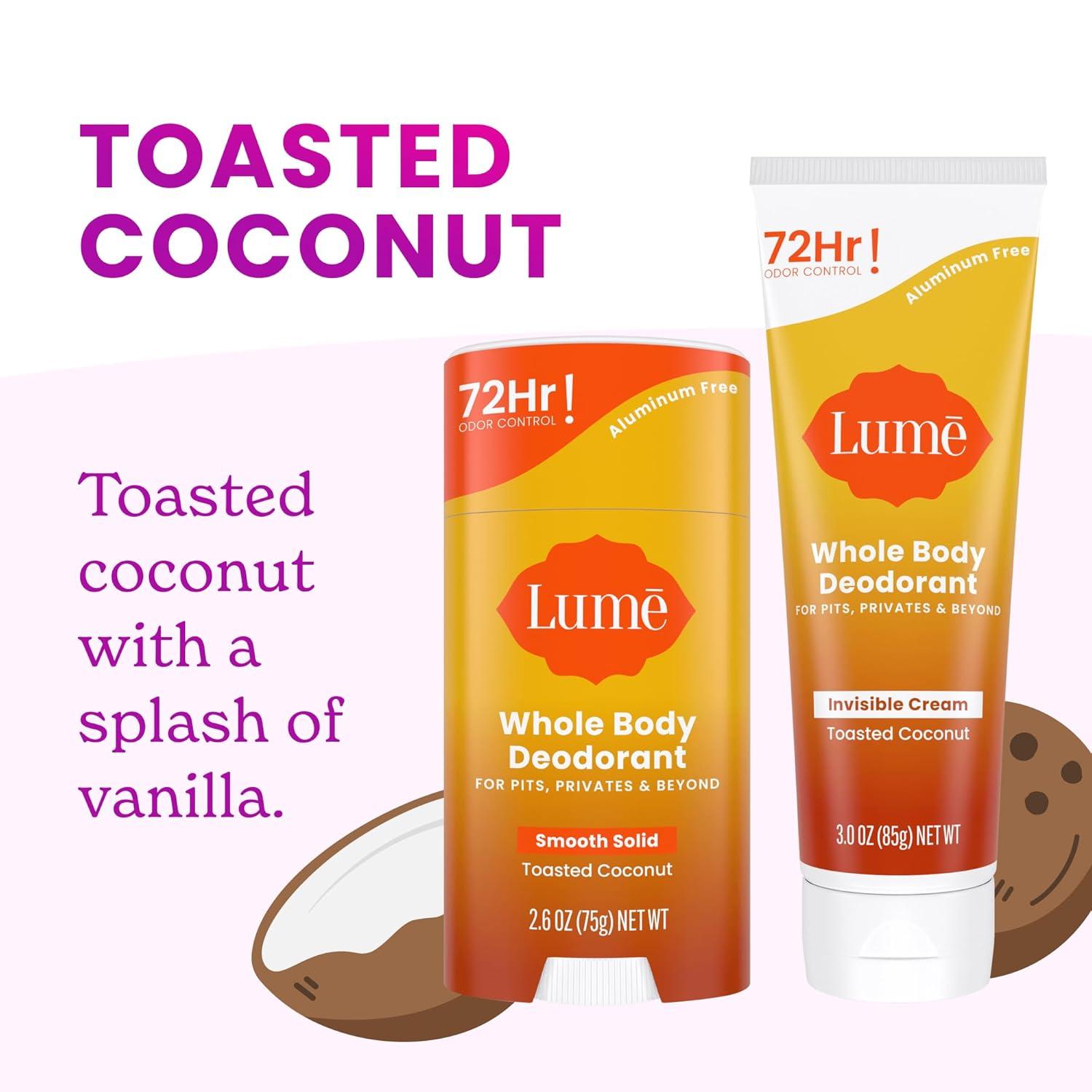 image:imageLume Whole Body Deodorant Invisible Cream 72 Hour Odor Control Aluminum Free Baking Soda Free Skin Safe 30 Ounce Tube and 26 Ounce Solid Stick Bundle Soft PowderToasted Coconut
