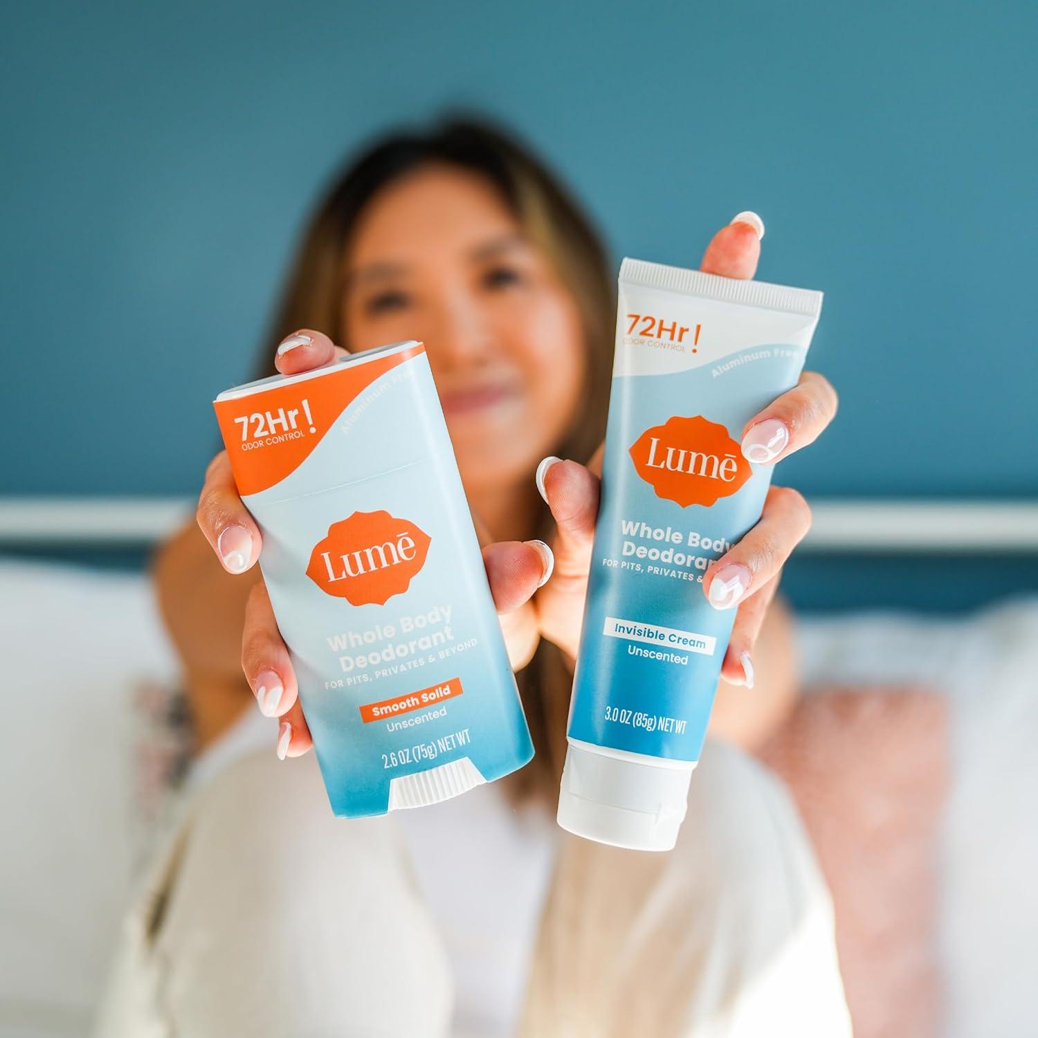 image:imageLume Whole Body Deodorant Invisible Cream 72 Hour Odor Control Aluminum Free Baking Soda Free Skin Safe 30 Ounce Tube and 26 Ounce Solid Stick Bundle Soft PowderUnscented