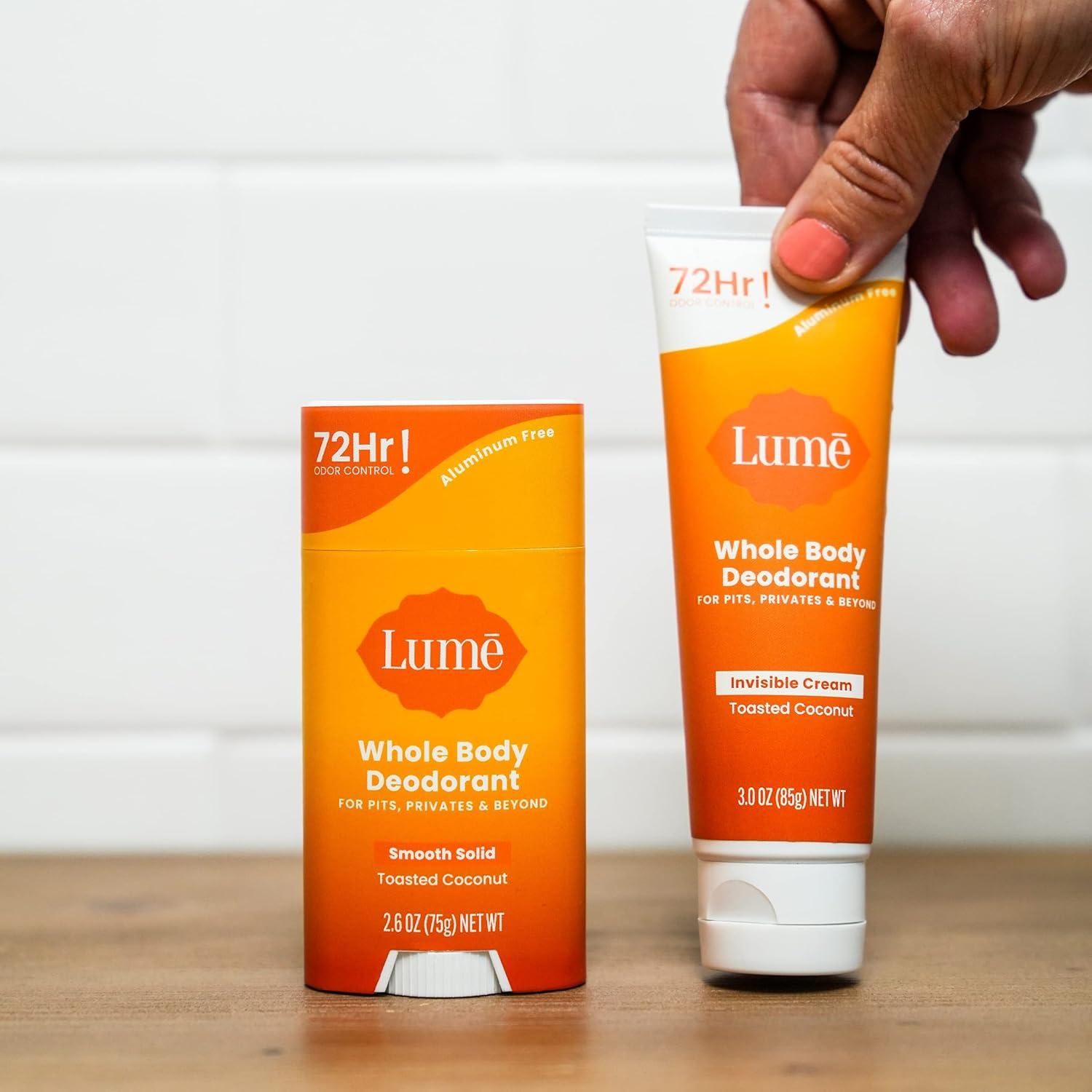 image:imageLume Whole Body Deodorant Invisible Cream 72 Hour Odor Control Aluminum Free Baking Soda Free Skin Safe 30 Ounce Tube and 26 Ounce Solid Stick Bundle Soft PowderToasted Coconut