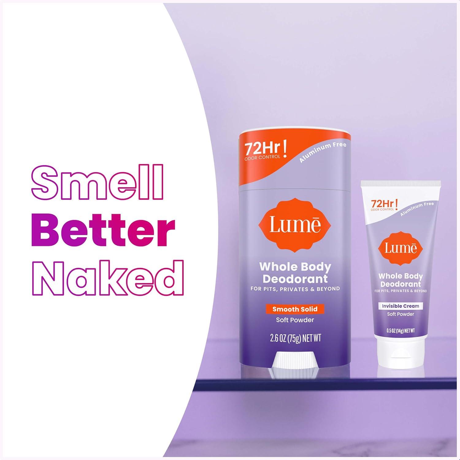 image:imageLume Whole Body Deodorant Invisible Cream Tube Mini Solid Stick Bundle 72 Hour Odor Control Aluminum amp Baking Soda Free Skin Loving Clean TangerineSoft Powder