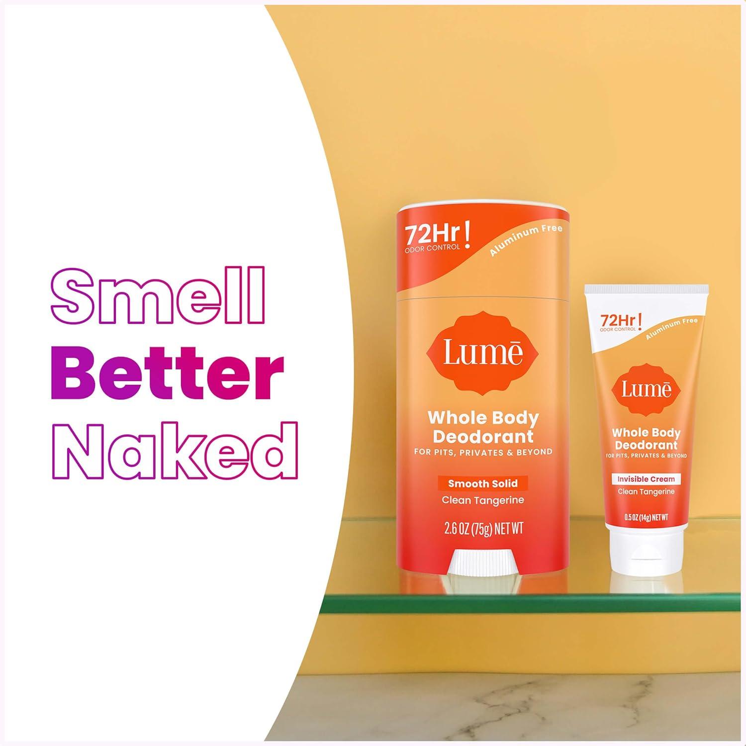 image:imageLume Whole Body Deodorant Invisible Cream Tube Mini Solid Stick Bundle 72 Hour Odor Control Aluminum amp Baking Soda Free Skin Loving UnscentedClean Tangerine