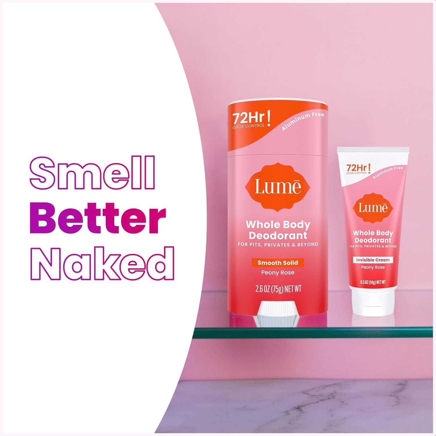 image:imageLume Whole Body Deodorant Invisible Cream Tube Mini Solid Stick Bundle 72 Hour Odor Control Aluminum amp Baking Soda Free Skin Loving UnscentedPeony Rose