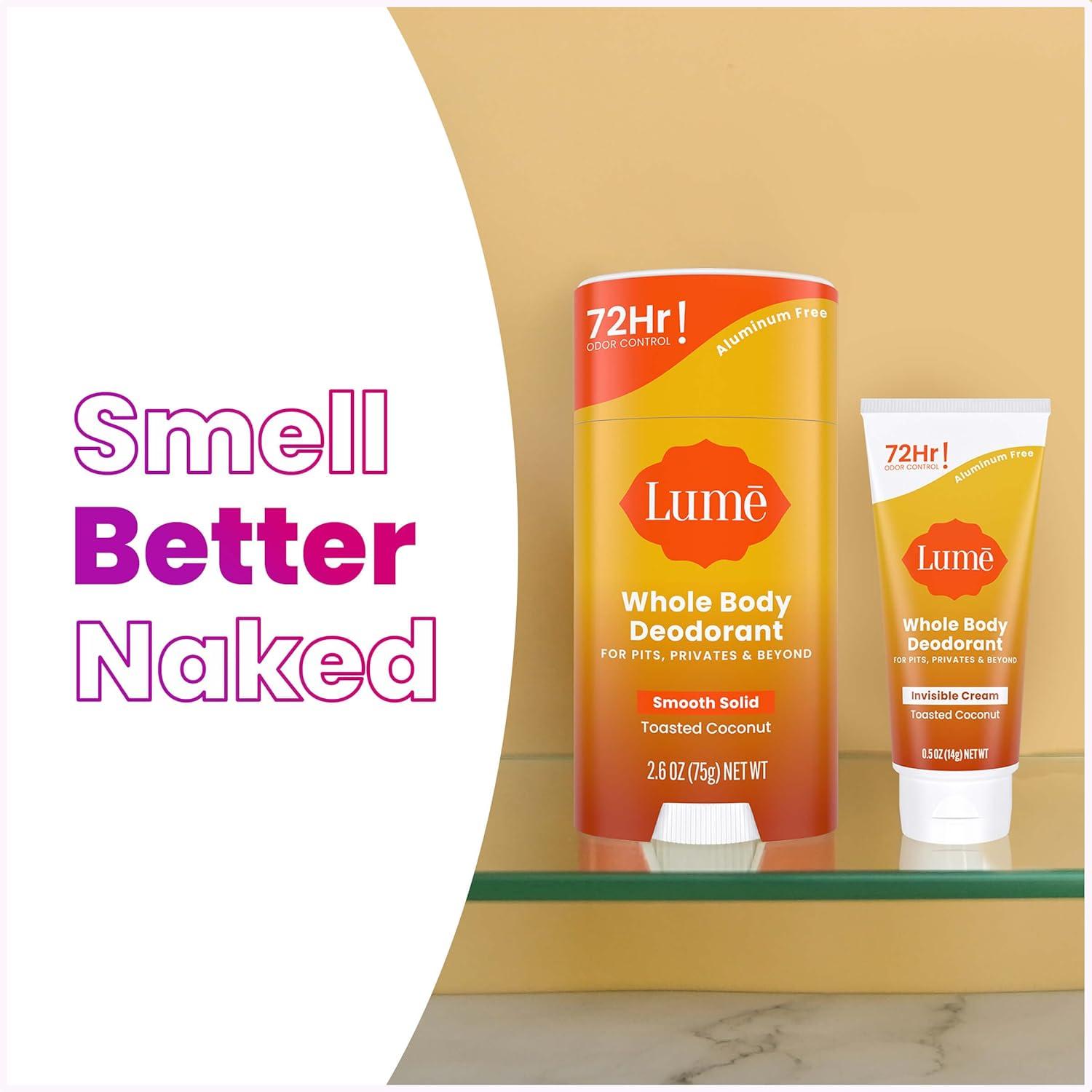 image:imageLume Whole Body Deodorant Invisible Cream Tube Mini Solid Stick Bundle 72 Hour Odor Control Aluminum amp Baking Soda Free Skin Loving UnscentedToasted Coconut