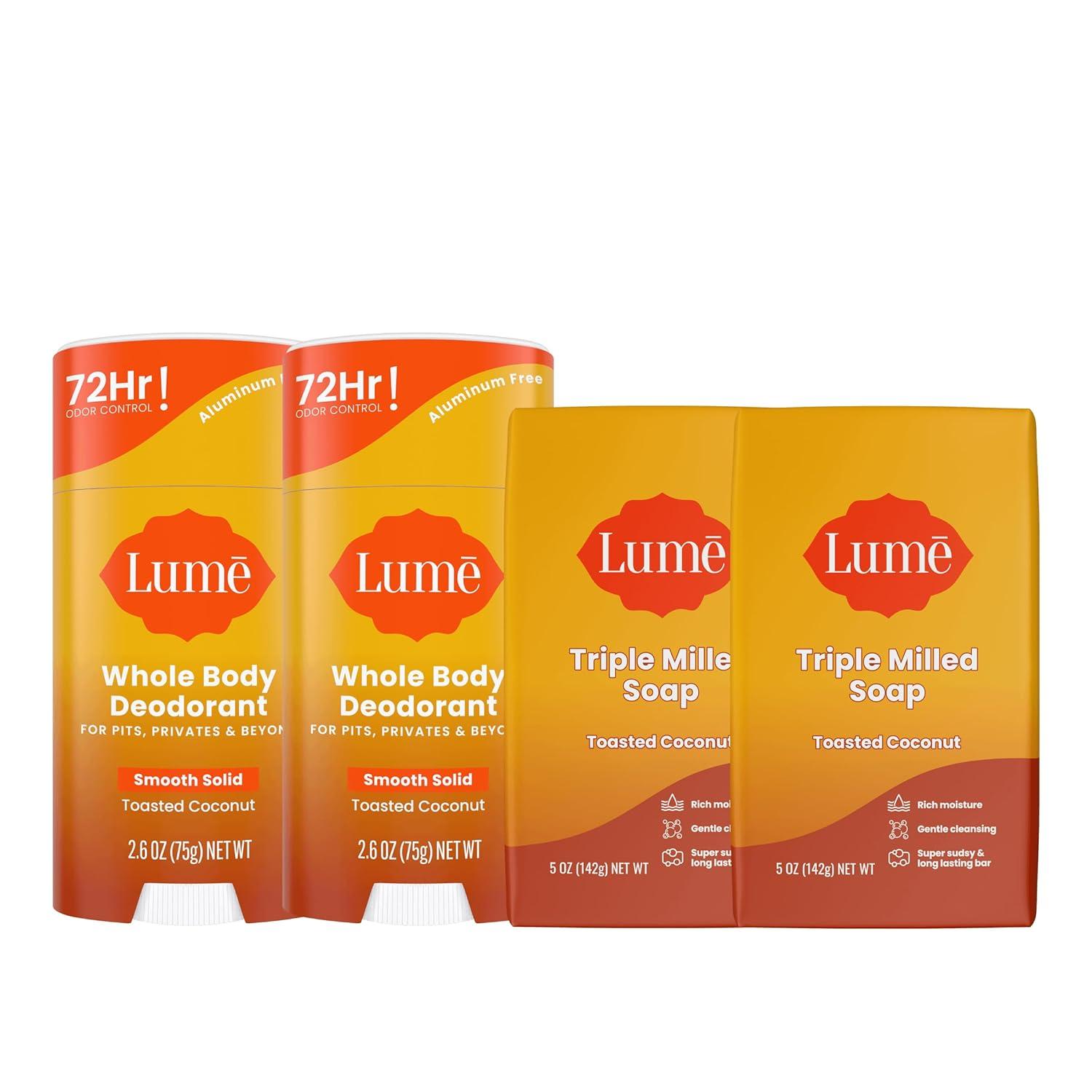 image:imageLume Whole Body Deodorant And Soap 26 Ounce Smooth Solid Stick With 72 Hour Odor Control and 5 Ounce Triple Milled Soap Aluminum Free Baking Soda Free and Skin Loving Clean TangerineToasted Coconut