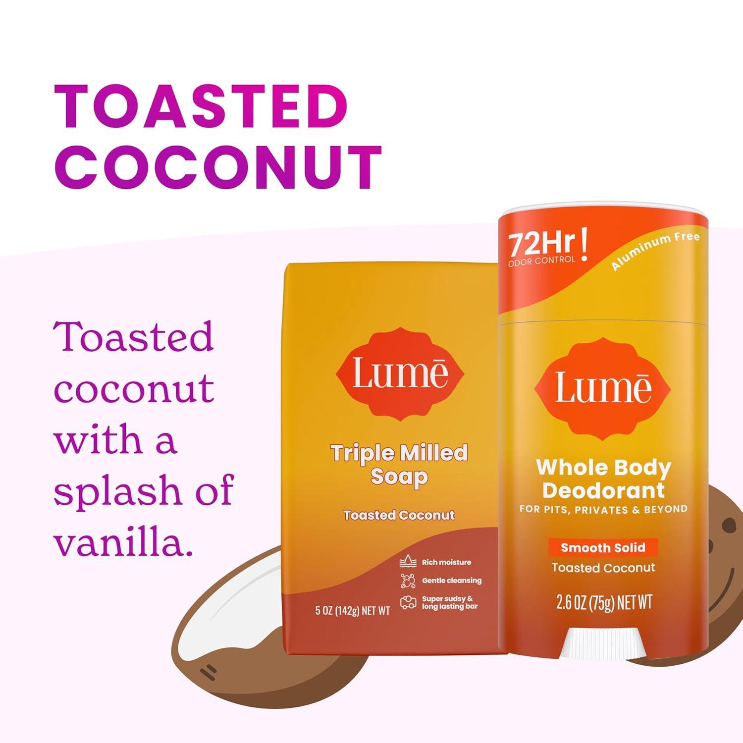 image:imageLume Whole Body Deodorant And Soap 26 Ounce Smooth Solid Stick With 72 Hour Odor Control and 5 Ounce Triple Milled Soap Aluminum Free Baking Soda Free and Skin Loving Clean TangerineToasted Coconut