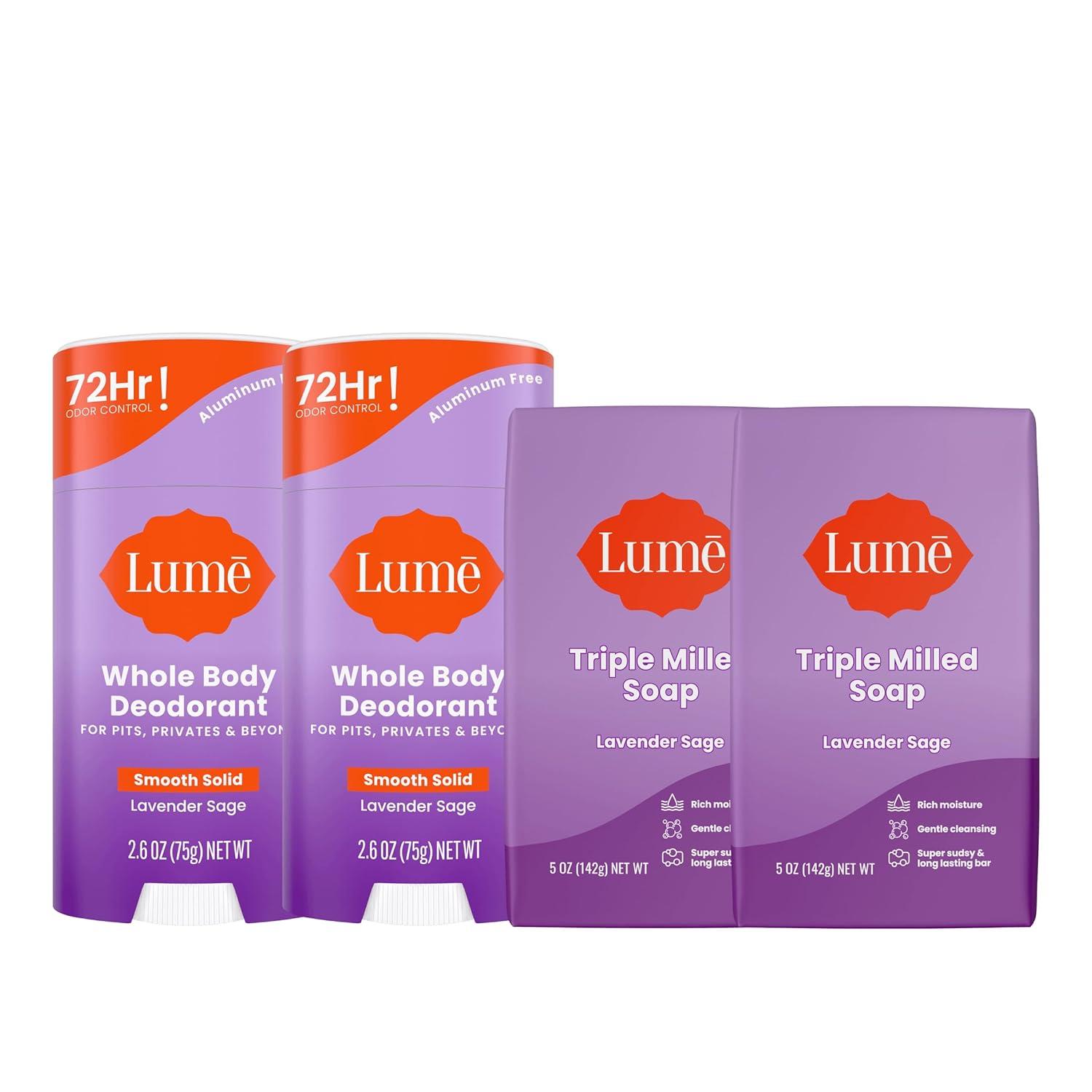 image:imageLume Whole Body Deodorant And Soap 26 Ounce Smooth Solid Stick With 72 Hour Odor Control and 5 Ounce Triple Milled Soap Aluminum Free Baking Soda Free and Skin Loving Clean TangerineLavender Sage