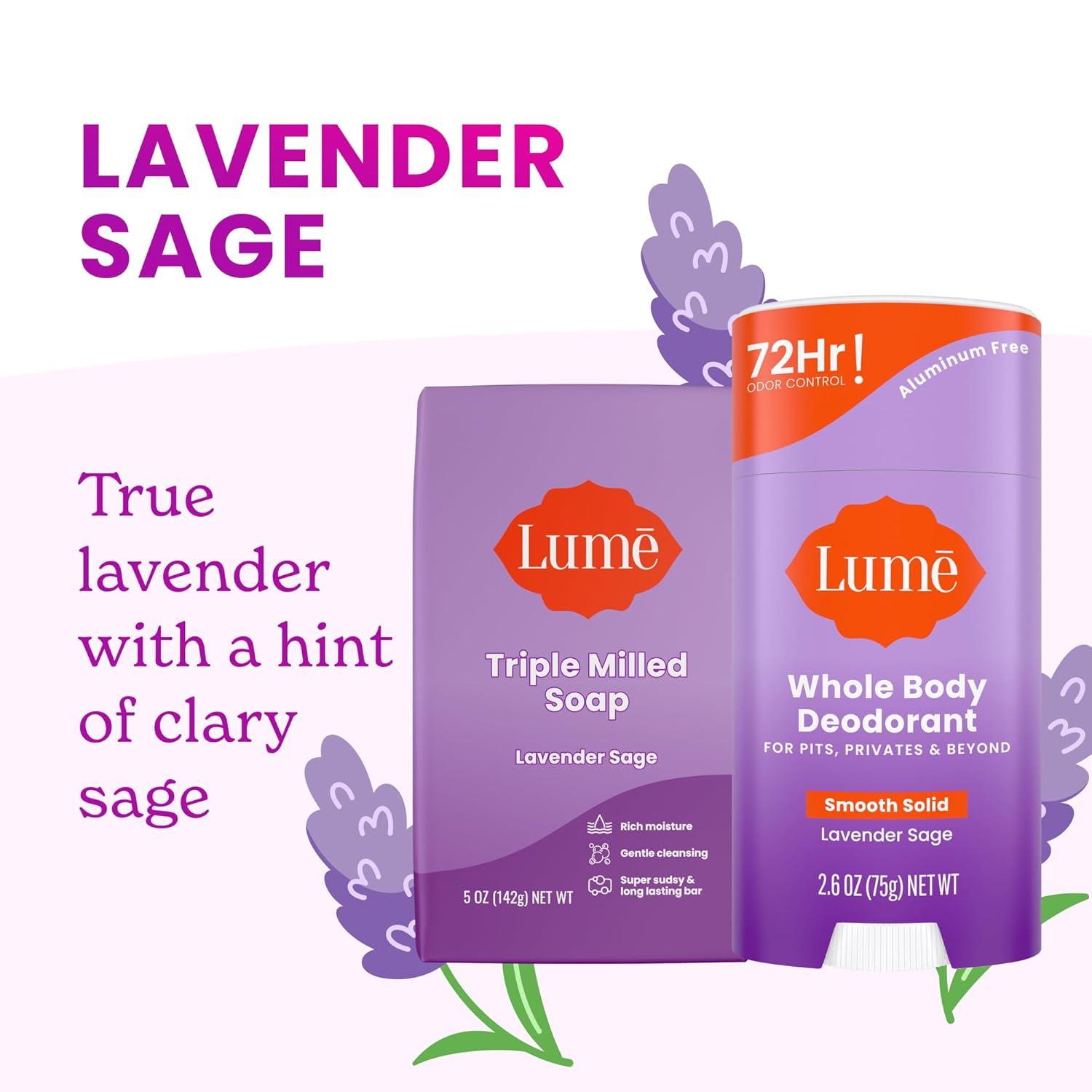 image:imageLume Whole Body Deodorant And Soap 26 Ounce Smooth Solid Stick With 72 Hour Odor Control and 5 Ounce Triple Milled Soap Aluminum Free Baking Soda Free and Skin Loving Clean TangerineLavender Sage