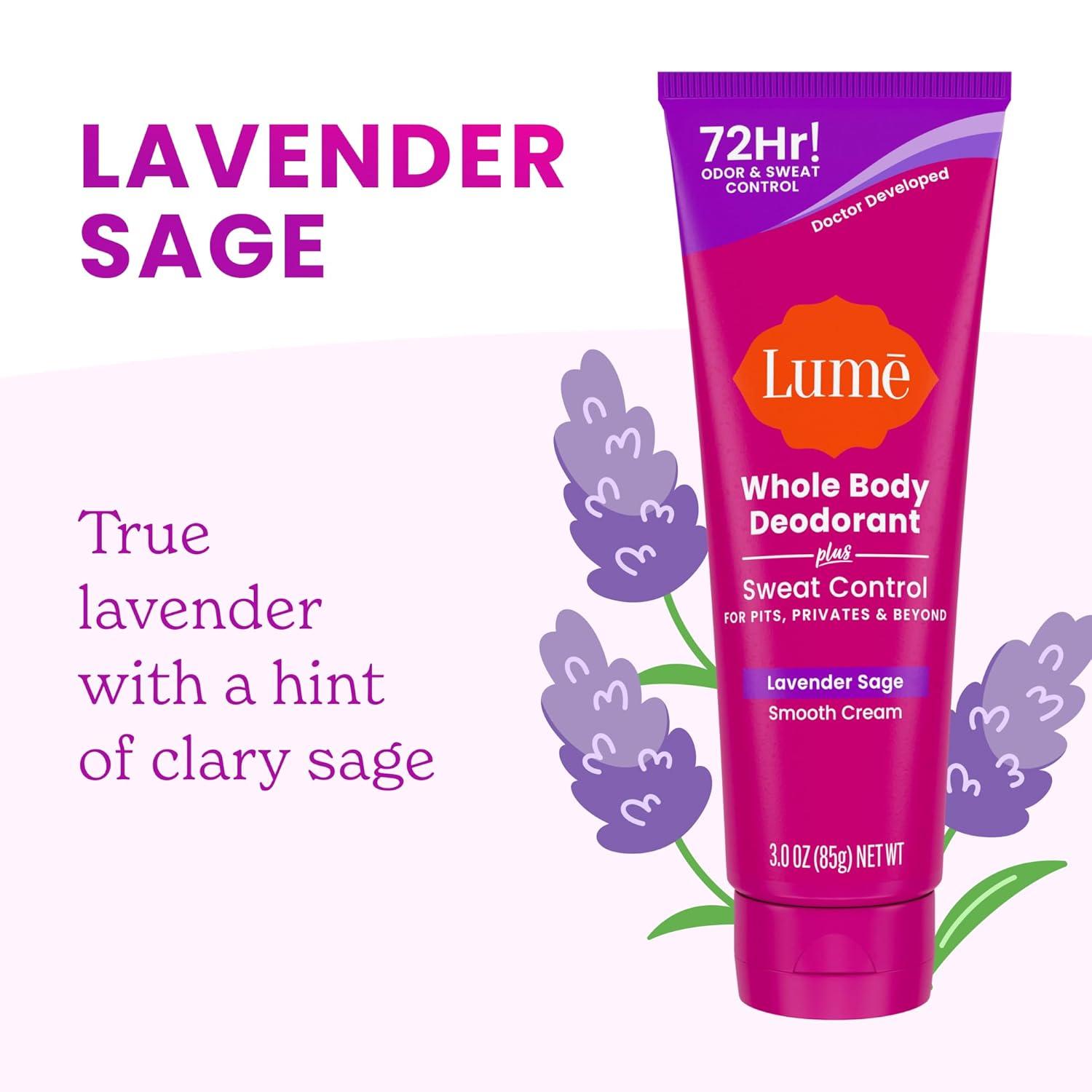 image:imageLume Whole Body Deodorant Plus Sweat Control Smooth Cream Tube 72 Hour Odor And Sweat Control Baking Soda Free Skin Loving 30 ounce Pack of 2 Soft PowderLavender Sage