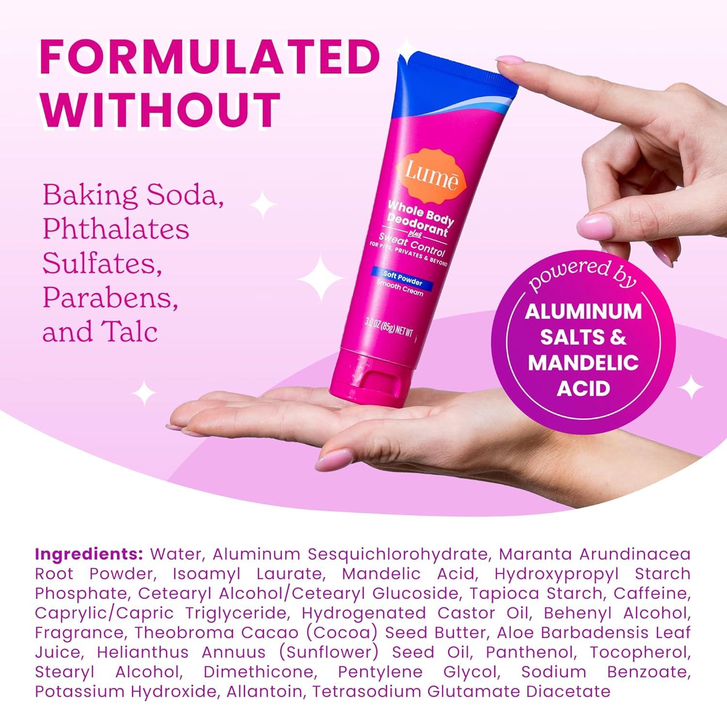 image:imageLume Whole Body Deodorant Plus Sweat Control Smooth Cream Tube Soft Powder and Lume Acidified Deodorant Wipes 24 Hour Odor Control Aluminum Free Baking Soda Free Skin Loving