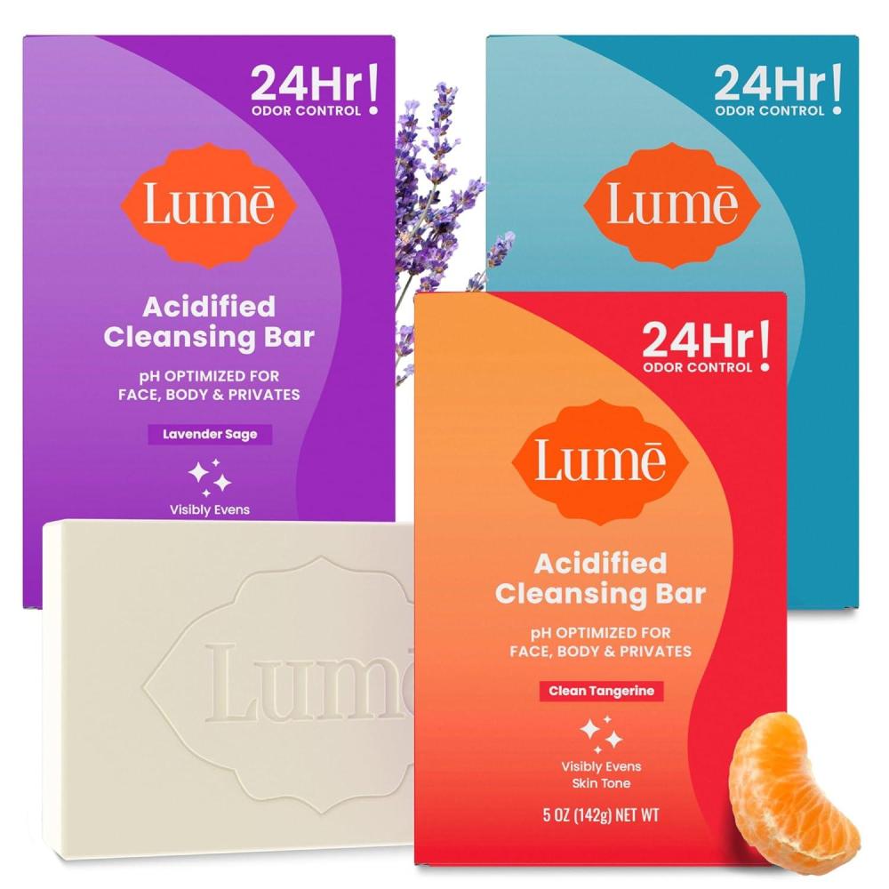image:imageLume Acidified Body Cleansing Bar 24 Hour Odor Control Removes Odor Better Than Soap Moisturizing No SLS or Parabens OBGYN Developed 85 Ounce 3 Pack Tangerine Lavender amp UnscentedClean Tangerine Lavender Sage Unscented