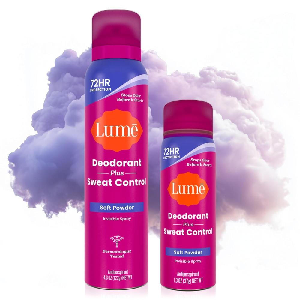 image:imageLume Deodorant Plus Sweat Control Invisible Spray Extra Strength Antiperspirant For Underarms 72 Hour Odor And Sweat Control Baking Soda Free Full Size Mini 2 Pack Soft PowderSoft Powder