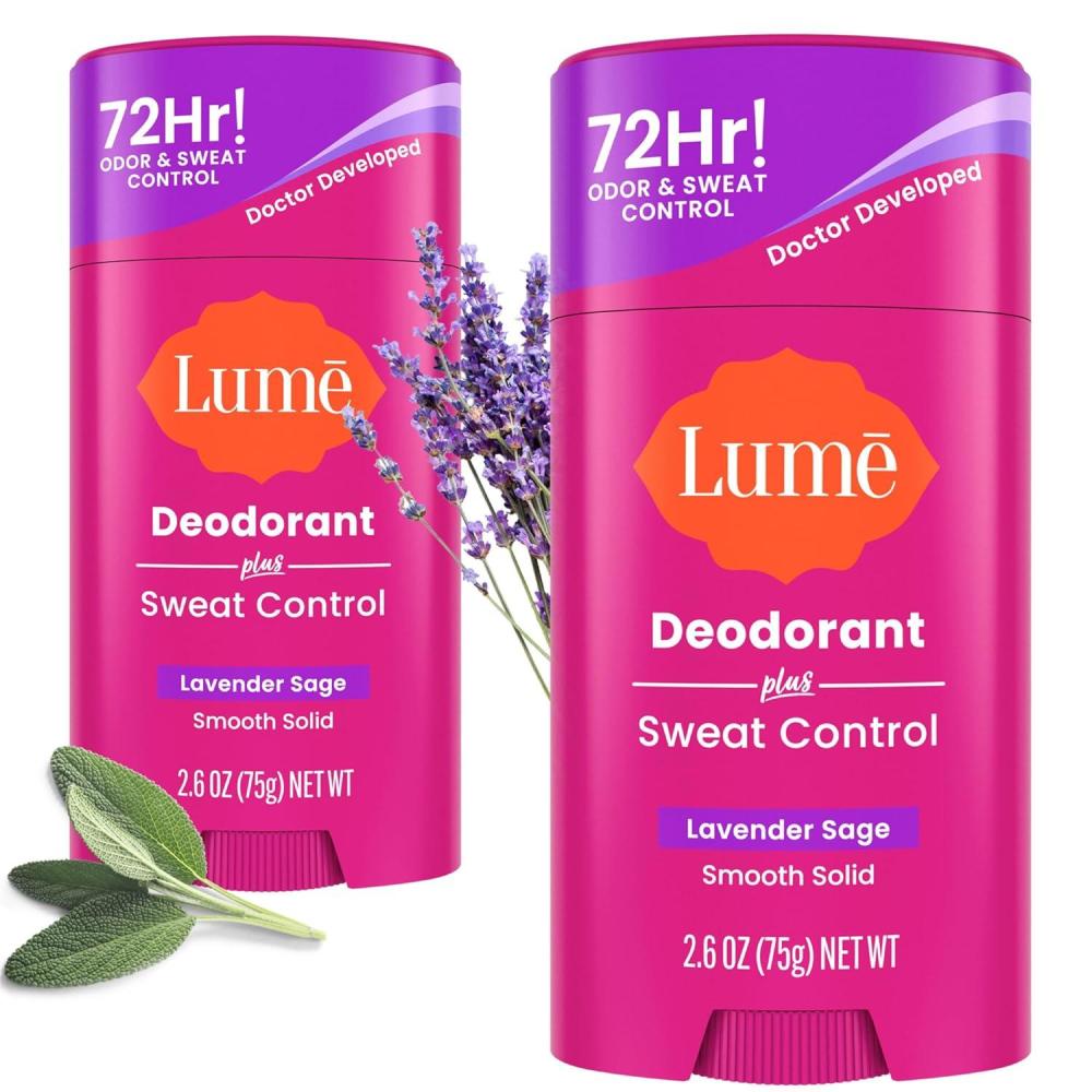 image:imageLume Deodorant Plus Sweat Control  Smooth Solid Stick  Maximum Strength Antiperspirant  72 Hour Odor And Sweat Control  Baking Soda Free Skin Loving  26 ounce Fresh Spring Pack of 2Lavender Sage