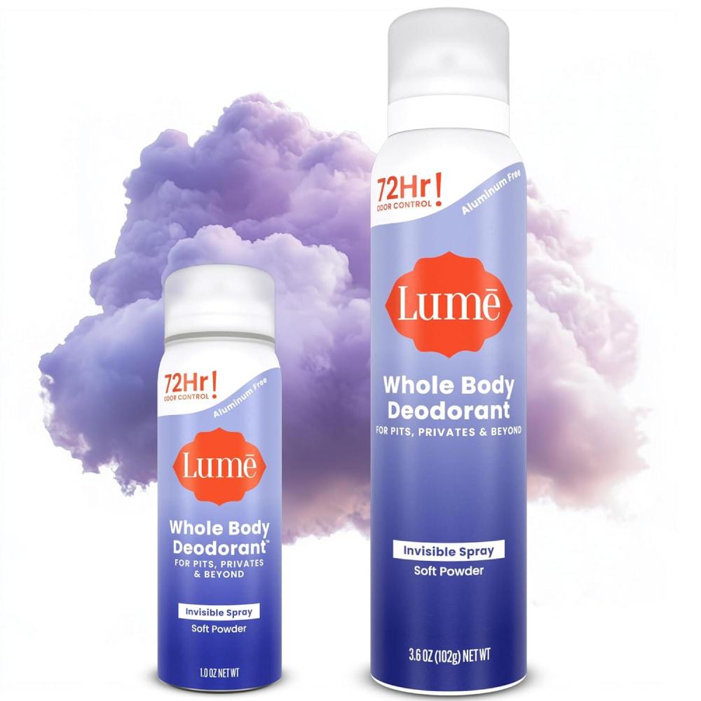 image:imageLume Invisible Spray Deodorant For Women Two Pack  Full Size amp Mini Whole Body Deodorant Spray  72 Hr Odor Control  Aluminum amp Baking Soda Free  2 Piece Bundle  36 oz amp 10 oz Clean TangerineSoft Powder
