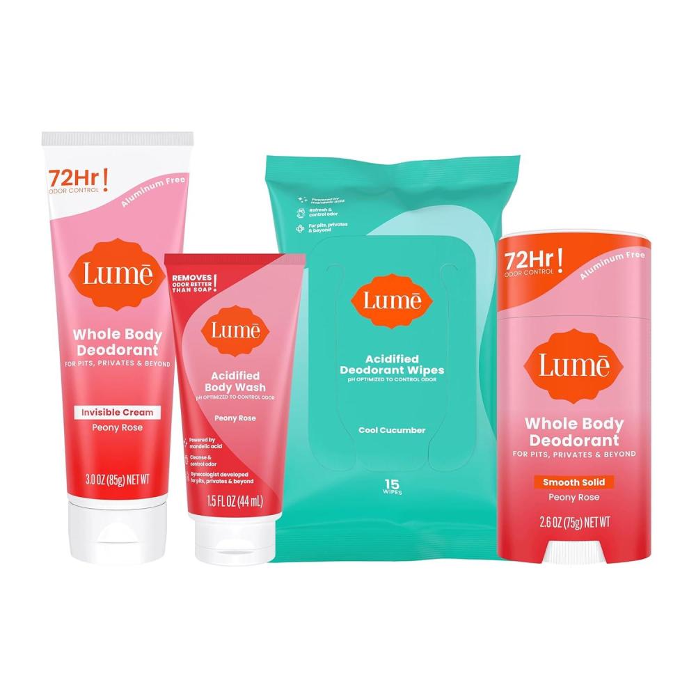 image:imageLume Skin Care Gift Set for Women Whole Body Deodorant Starter Pack Smooth Solid Stick Invisible Cream Tube Acidified Body Wash Mini amp Deodorant Wipes Aluminum Free Odor Control Peony RosePeony Rose