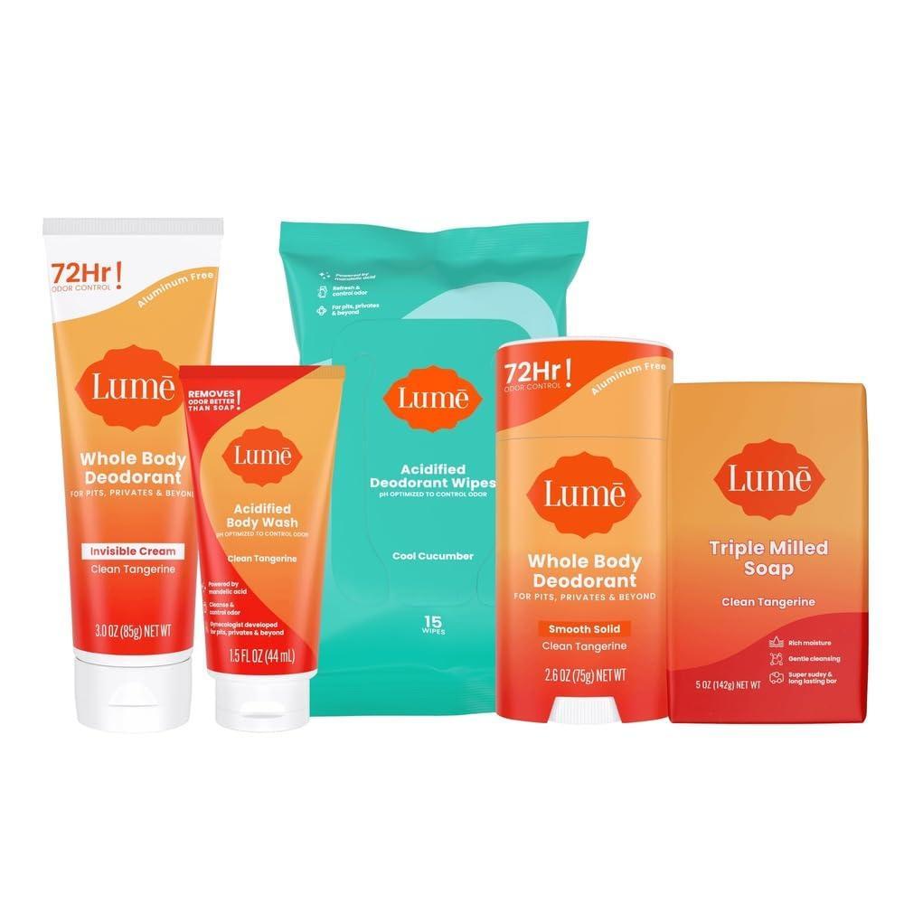 image:imageLume Skin Care Gift Set for Women Whole Body Deodorant Starter Pack Smooth Solid Stick Invisible Cream Tube Acidified Body Wash Mini amp Deodorant Wipes Aluminum Free Odor Control Peony RoseClean Tangerine