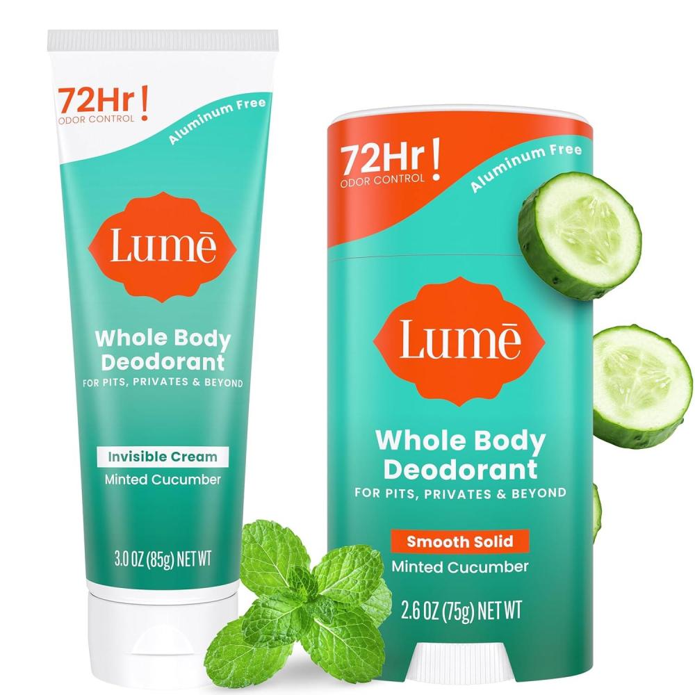 image:imageLume Whole Body Deodorant Invisible Cream 72 Hour Odor Control Aluminum Free Baking Soda Free Skin Safe 30 Ounce Tube and 26 Ounce Solid Stick Bundle Soft PowderMinted Cucumber