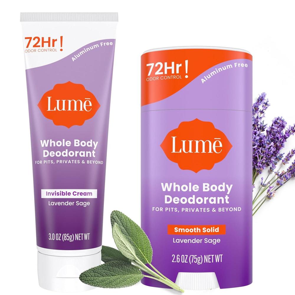 image:imageLume Whole Body Deodorant Invisible Cream 72 Hour Odor Control Aluminum Free Baking Soda Free Skin Safe 30 Ounce Tube and 26 Ounce Solid Stick Bundle Soft PowderLavender Sage