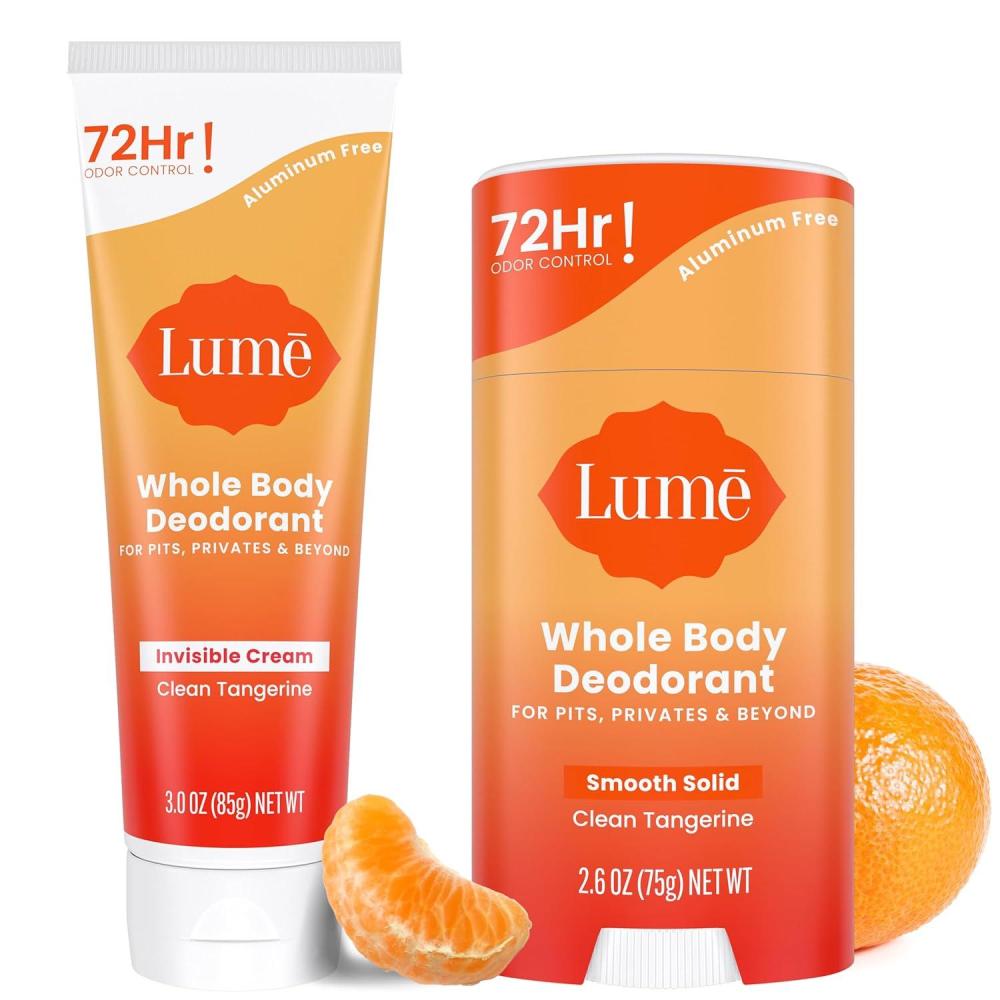 image:imageLume Whole Body Deodorant Invisible Cream 72 Hour Odor Control Aluminum Free Baking Soda Free Skin Safe 30 Ounce Tube and 26 Ounce Solid Stick Bundle Soft PowderClean Tangerine