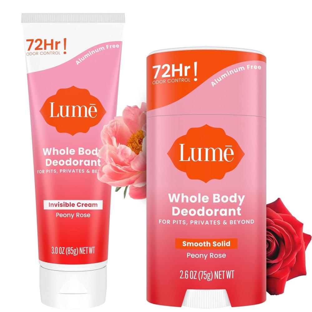 image:imageLume Whole Body Deodorant Invisible Cream 72 Hour Odor Control Aluminum Free Baking Soda Free Skin Safe 30 Ounce Tube and 26 Ounce Solid Stick Bundle Soft PowderPeony Rose