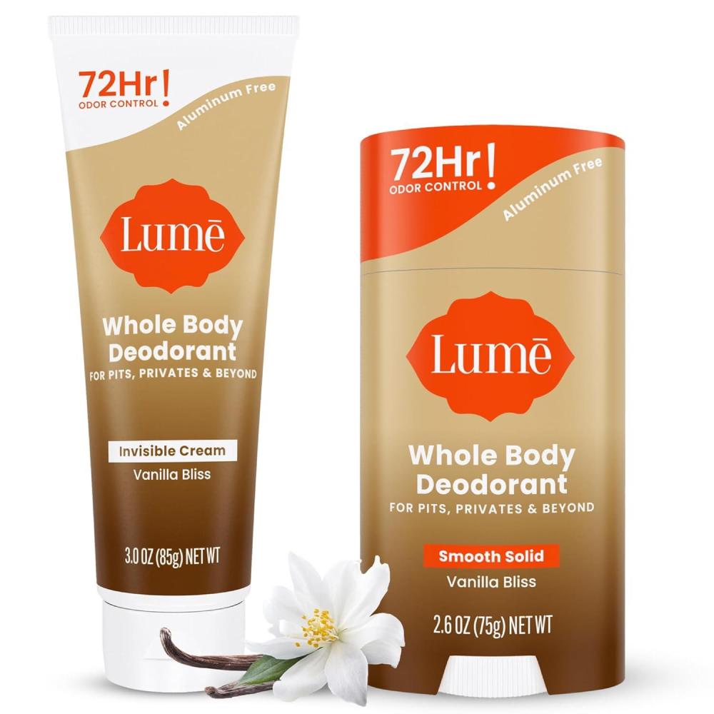 image:imageLume Whole Body Deodorant Invisible Cream 72 Hour Odor Control Aluminum Free Baking Soda Free Skin Safe 30 Ounce Tube and 26 Ounce Solid Stick Bundle Soft PowderVanilla Bliss