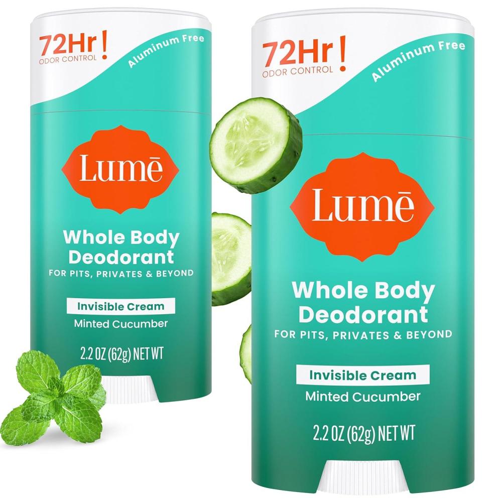 image:imageLume Whole Body Deodorant Invisible Cream Stick 72 Hour Odor Control Aluminum Free Baking Soda Free Skin Safe 22 Ounce Pack of 2 Minted CucumberMinted Cucumber