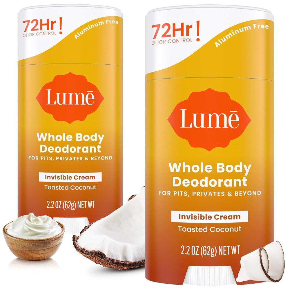 image:imageLume Whole Body Deodorant Invisible Cream Stick 72 Hour Odor Control Aluminum Free Baking Soda Free Skin Safe 22 Ounce Pack of 2 Minted CucumberToasted Coconut