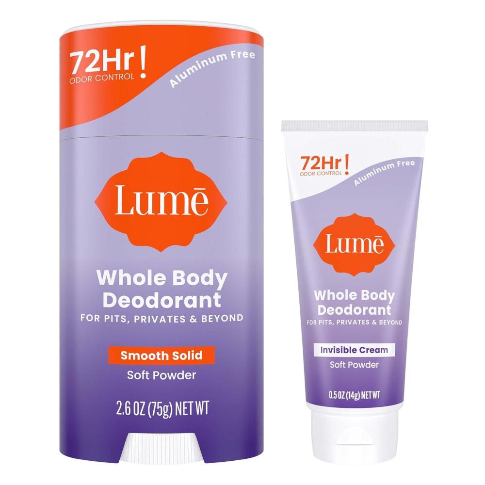 image:imageLume Whole Body Deodorant Invisible Cream Tube Mini Solid Stick Bundle 72 Hour Odor Control Aluminum amp Baking Soda Free Skin Loving Clean TangerineSoft Powder