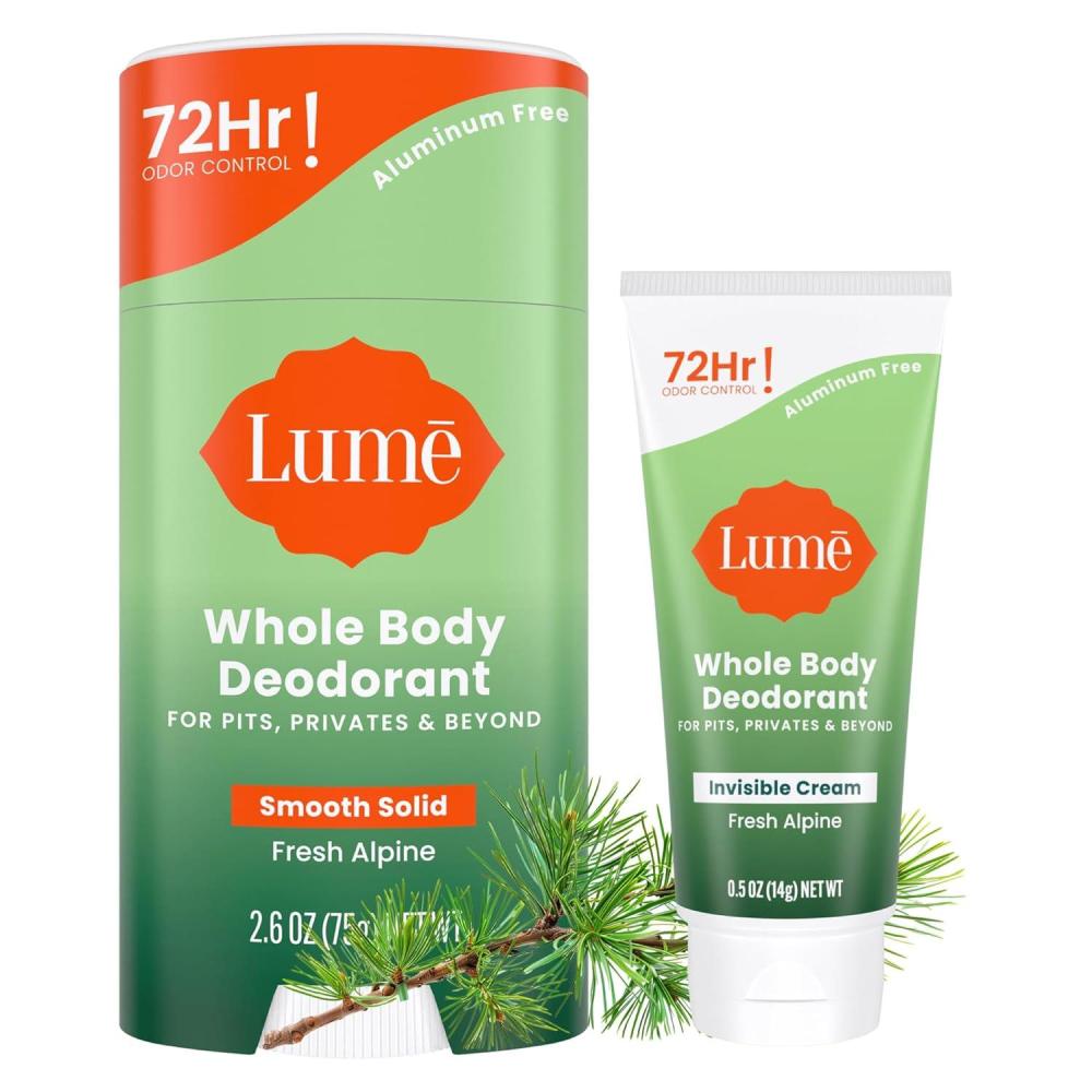 image:imageLume Whole Body Deodorant Invisible Cream Tube Mini Solid Stick Bundle 72 Hour Odor Control Aluminum amp Baking Soda Free Skin Loving Clean TangerineFresh Alpine