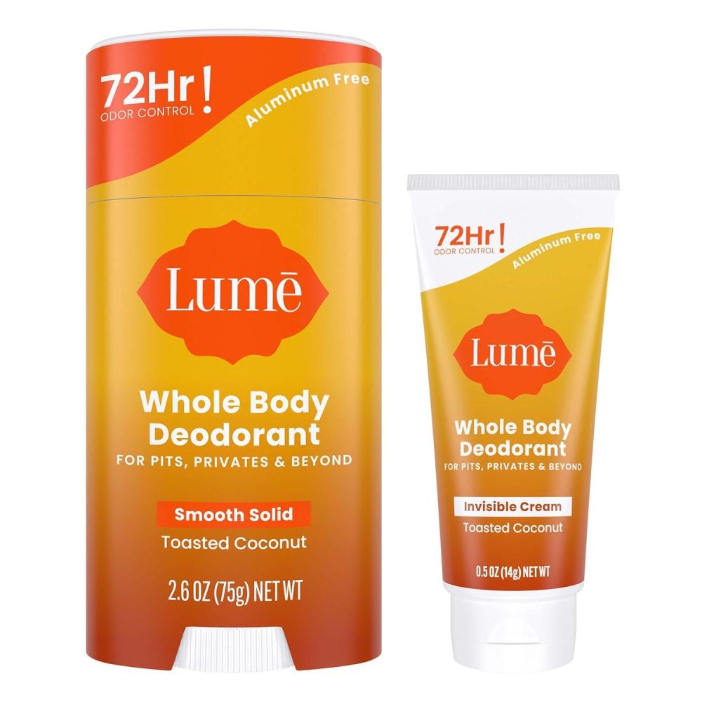 image:imageLume Whole Body Deodorant Invisible Cream Tube Mini Solid Stick Bundle 72 Hour Odor Control Aluminum amp Baking Soda Free Skin Loving UnscentedToasted Coconut