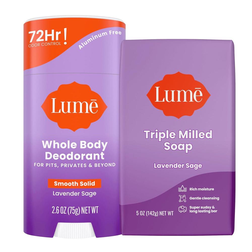 image:imageLume Whole Body Deodorant And Soap 26 Ounce Smooth Solid Stick With 72 Hour Odor Control and 5 Ounce Triple Milled Soap Aluminum Free Baking Soda Free and Skin Loving Clean TangerineLavender Sage