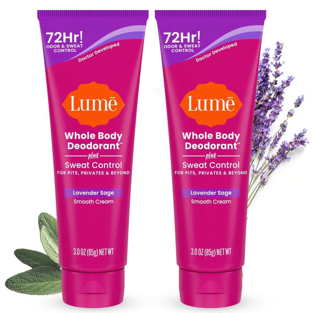 image:imageLume Whole Body Deodorant Plus Sweat Control Smooth Cream Tube 72 Hour Odor And Sweat Control Baking Soda Free Skin Loving 30 ounce Pack of 2 Soft PowderLavender Sage
