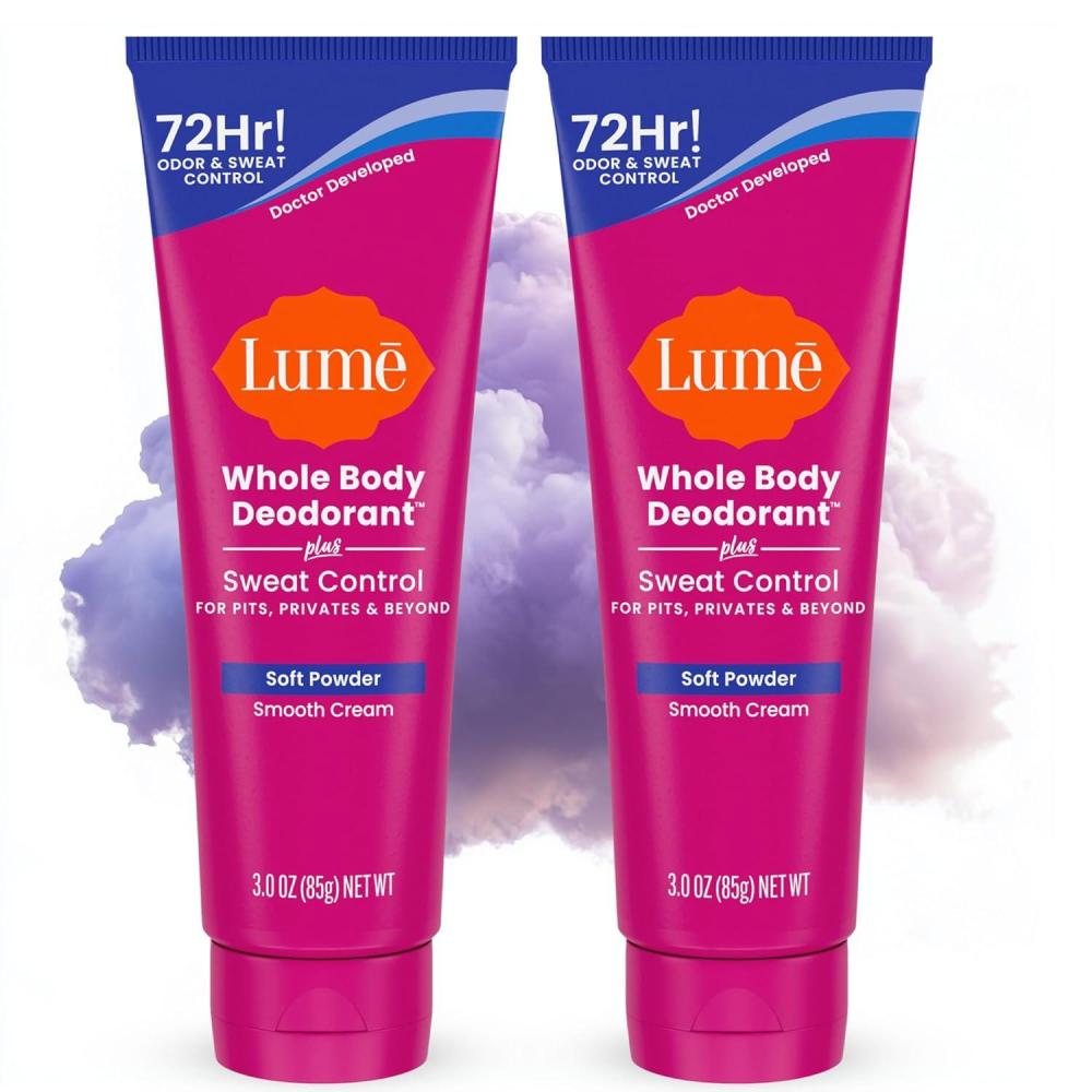 image:imageLume Whole Body Deodorant Plus Sweat Control  Smooth Cream Tube  72 Hour Odor And Sweat Control  Baking Soda Free Skin Loving  30 ounce Pack of 2 Soft PowderSoft Powder