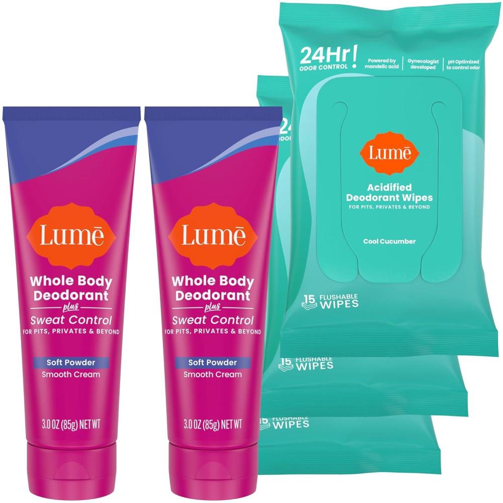 image:imageLume Whole Body Deodorant Plus Sweat Control  Smooth Cream Tube Soft Powder and Lume Acidified Deodorant Wipes  24 Hour Odor Control  Aluminum Free Baking Soda Free Skin Loving