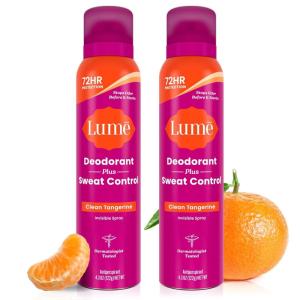 Lume Deodorant Plus Sweat Control – Invisible Spray – Extra Strength Antiperspirant For Underarms – 72 Hour Odor And Sweat Control – Phthalate and Paraben Free Formula – 2 Pack (Soft Powder)(Clean Tangerine)
