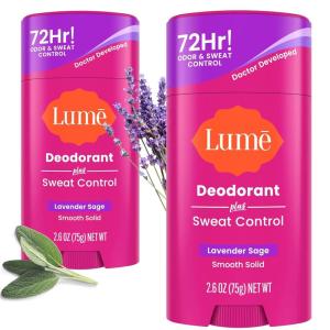 Lume Deodorant Plus Sweat Control – Smooth Solid Stick – Maximum Strength Antiperspirant – 72 Hour Odor And Sweat Control – Baking Soda Free, Skin Loving – 2.6 ounce (Fresh Spring) Pack of 2(Lavender Sage)