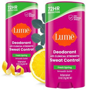 Lume Deodorant Plus Sweat Control – Smooth Solid Stick – Maximum Strength Antiperspirant – 72 Hour Odor And Sweat Control – Baking Soda Free, Skin Loving – 2.6 ounce (Fresh Spring) Pack of 2(Fresh Spring)
