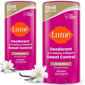 Lume Deodorant Plus Sweat Control – Smooth Solid Stick – Maximum Strength Antiperspirant – 72 Hour Odor And Sweat Control – Baking Soda Free, Skin Loving – 2.6 ounce (Fresh Spring) Pack of 2(Vanilla Bliss)