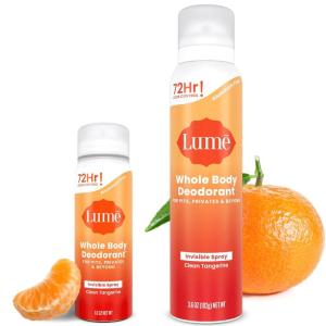 Lume Invisible Spray Deodorant For Women Two Pack – Full Size & Mini Whole Body Deodorant Spray – 72 Hr Odor Control – Aluminum & Baking Soda Free – 2 Piece Bundle – 3.6 oz & 1.0 oz (Clean Tangerine)(Clean Tangerine)