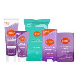 Lume Skin Care Gift Set for Women, Whole Body Deodorant Starter Pack – Smooth Solid Stick, Invisible Cream Tube, Acidified Body Wash Mini & Deodorant Wipes – Aluminum Free Odor Control (Peony Rose)(Lavender Sage)