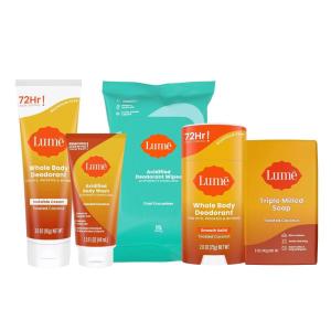 Lume Skin Care Gift Set for Women, Whole Body Deodorant Starter Pack – Smooth Solid Stick, Invisible Cream Tube, Acidified Body Wash Mini & Deodorant Wipes – Aluminum Free Odor Control (Peony Rose)(Toasted Coconut)