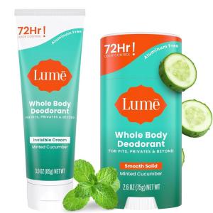 Lume Whole Body Deodorant – Invisible Cream – 72 Hour Odor Control – Aluminum Free, Baking Soda Free, Skin Safe – 3.0 Ounce Tube and 2.6 Ounce Solid Stick Bundle (Soft Powder)(Minted Cucumber)