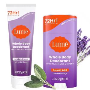 Lume Whole Body Deodorant – Invisible Cream – 72 Hour Odor Control – Aluminum Free, Baking Soda Free, Skin Safe – 3.0 Ounce Tube and 2.6 Ounce Solid Stick Bundle (Soft Powder)(Lavender Sage)