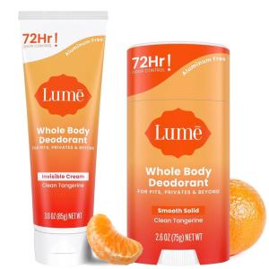 Lume Whole Body Deodorant – Invisible Cream – 72 Hour Odor Control – Aluminum Free, Baking Soda Free, Skin Safe – 3.0 Ounce Tube and 2.6 Ounce Solid Stick Bundle (Soft Powder)(Clean Tangerine)