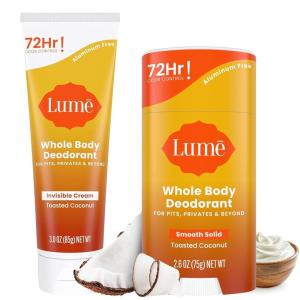 Lume Whole Body Deodorant – Invisible Cream – 72 Hour Odor Control – Aluminum Free, Baking Soda Free, Skin Safe – 3.0 Ounce Tube and 2.6 Ounce Solid Stick Bundle (Soft Powder)(-Toasted Coconut)