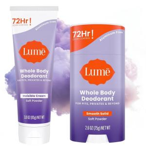 Lume Whole Body Deodorant – Invisible Cream – 72 Hour Odor Control – Aluminum Free, Baking Soda Free, Skin Safe – 3.0 Ounce Tube and 2.6 Ounce Solid Stick Bundle (Soft Powder)(Soft Powder)