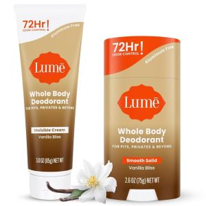 Lume Whole Body Deodorant – Invisible Cream – 72 Hour Odor Control – Aluminum Free, Baking Soda Free, Skin Safe – 3.0 Ounce Tube and 2.6 Ounce Solid Stick Bundle (Soft Powder)(Vanilla Bliss)